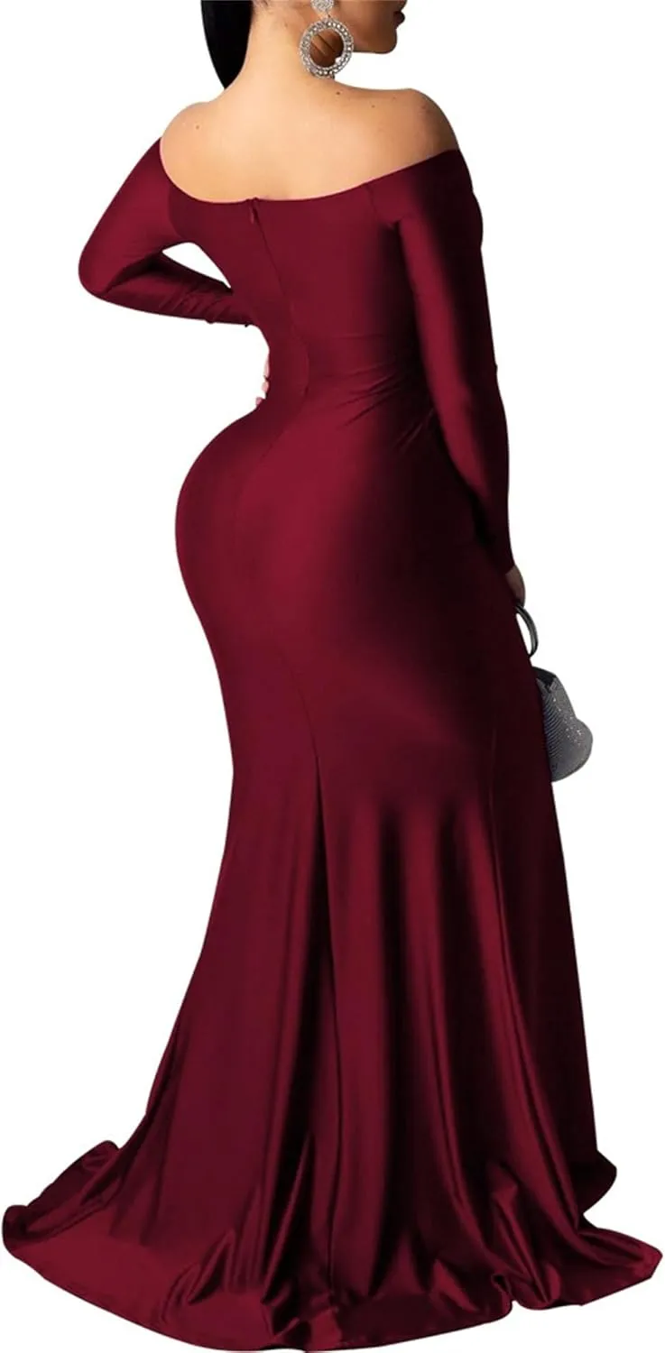 Women's V Neck Off Shoulder Club Party Dress Bodycon Fashion Split Hem Dress Ruched Satin Maxi Dresses
