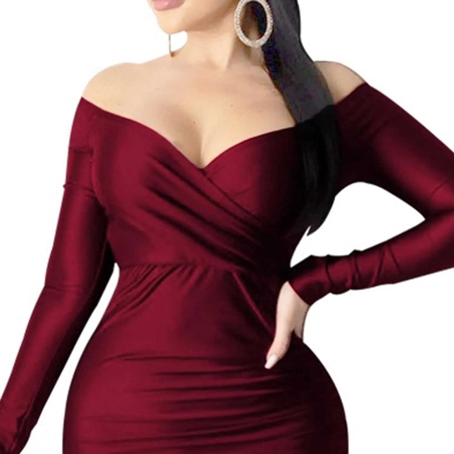 Women's V Neck Off Shoulder Club Party Dress Bodycon Fashion Split Hem Dress Ruched Satin Maxi Dresses