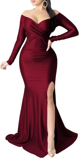 Women's V Neck Off Shoulder Club Party Dress Bodycon Fashion Split Hem Dress Ruched Satin Maxi Dresses