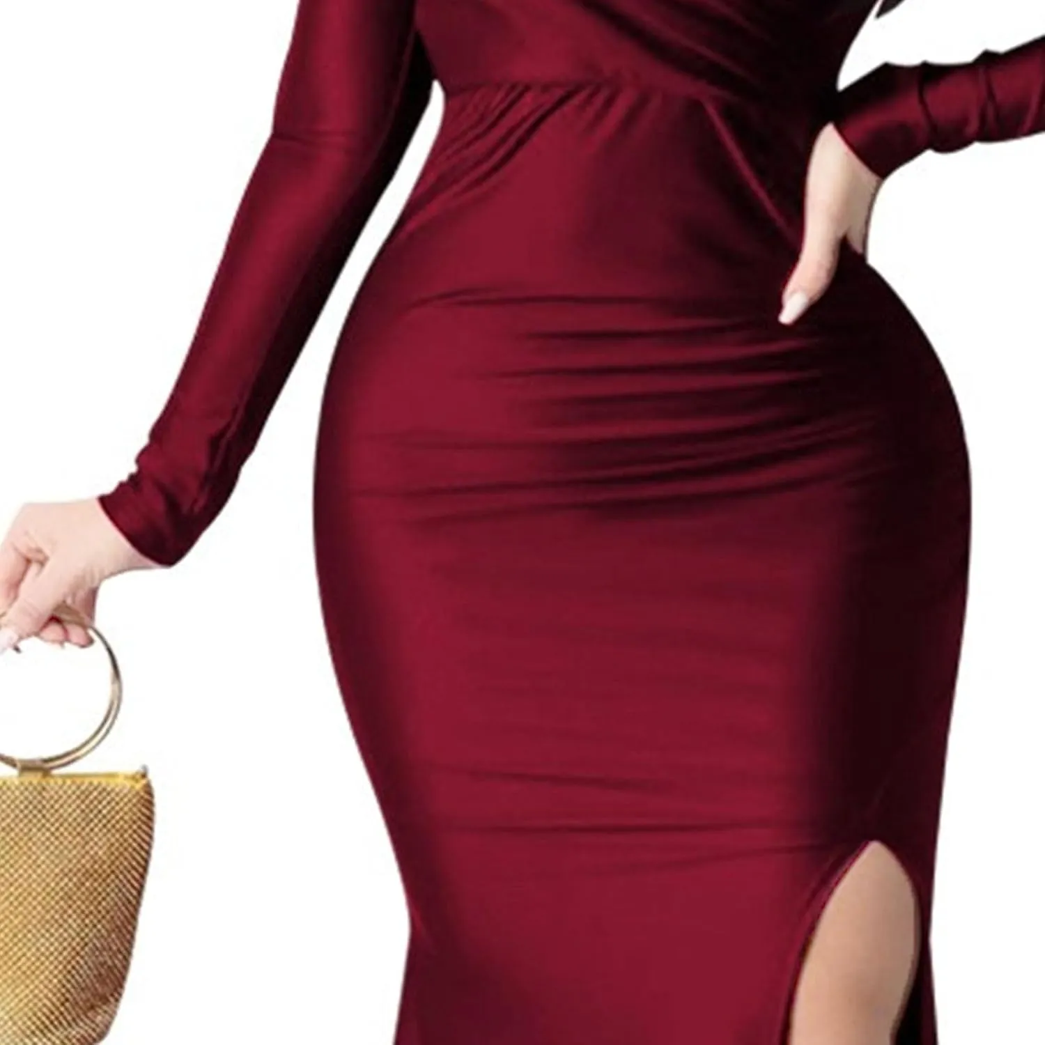 Women's V Neck Off Shoulder Club Party Dress Bodycon Fashion Split Hem Dress Ruched Satin Maxi Dresses
