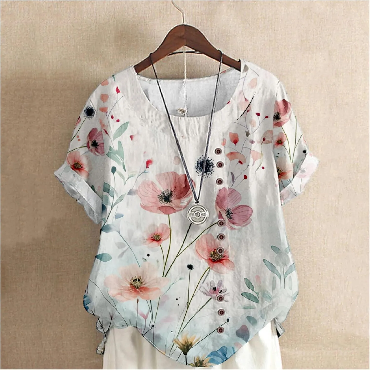 Women's Vintage Linen Tops Short Sleeve Boho Summer Graphic Tees Tunic Shirts Casual Loose Button Blouses