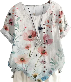 Women's Vintage Linen Tops Short Sleeve Boho Summer Graphic Tees Tunic Shirts Casual Loose Button Blouses