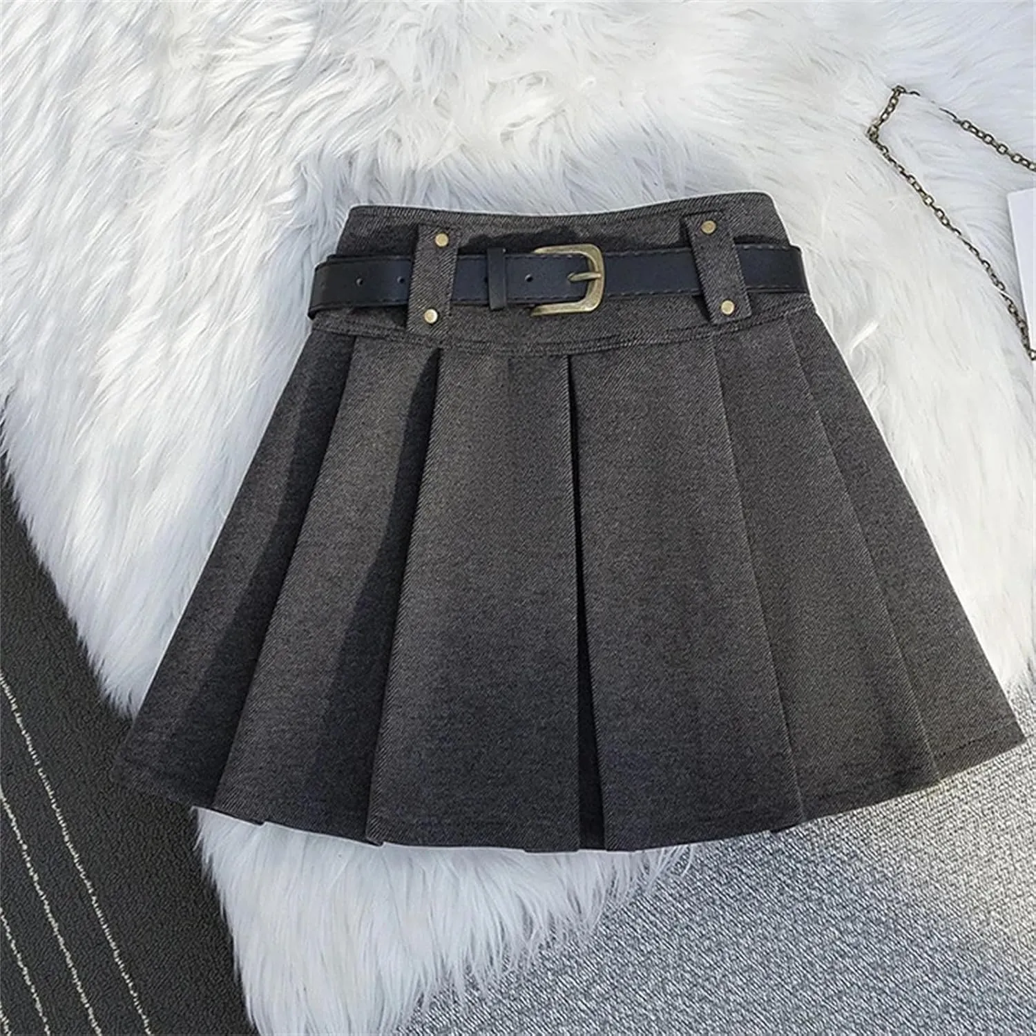 Women's Vintage Mini Skirt  Pleated High Waist with Belt A-Line All-Match Tennis Skirts