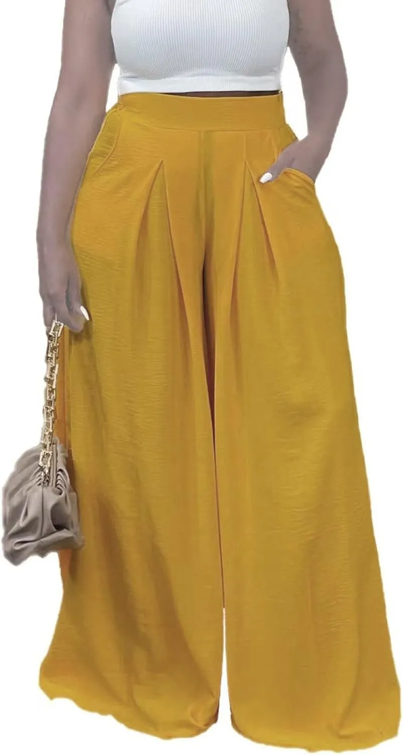 Women's Wide Leg Long Palazzo Pants High Waist Loose Fit Casual Flowy Pants Trousers with Pockets