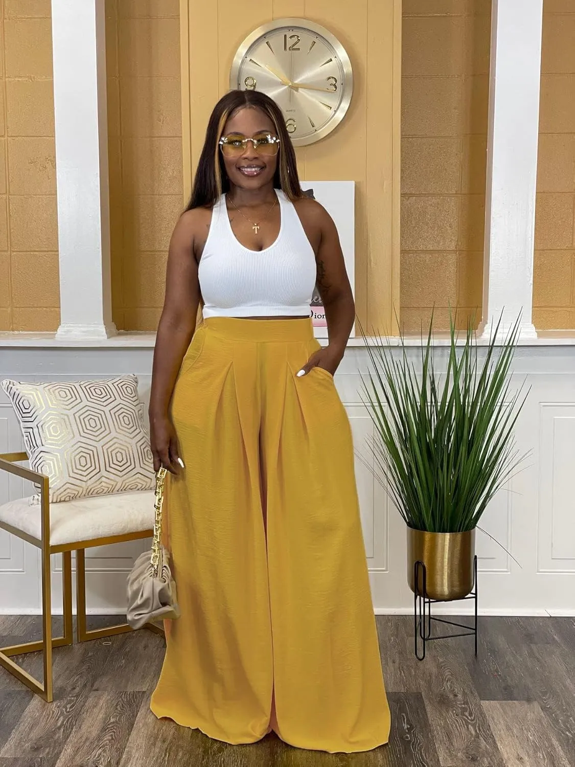 Women's Wide Leg Long Palazzo Pants High Waist Loose Fit Casual Flowy Pants Trousers with Pockets