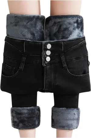 Women's Winter Denim Pants Fleece Lined High Waist Thermal Jean Trousers 2024 Casual Stretch Skinny Denim Jeggings Plus Size