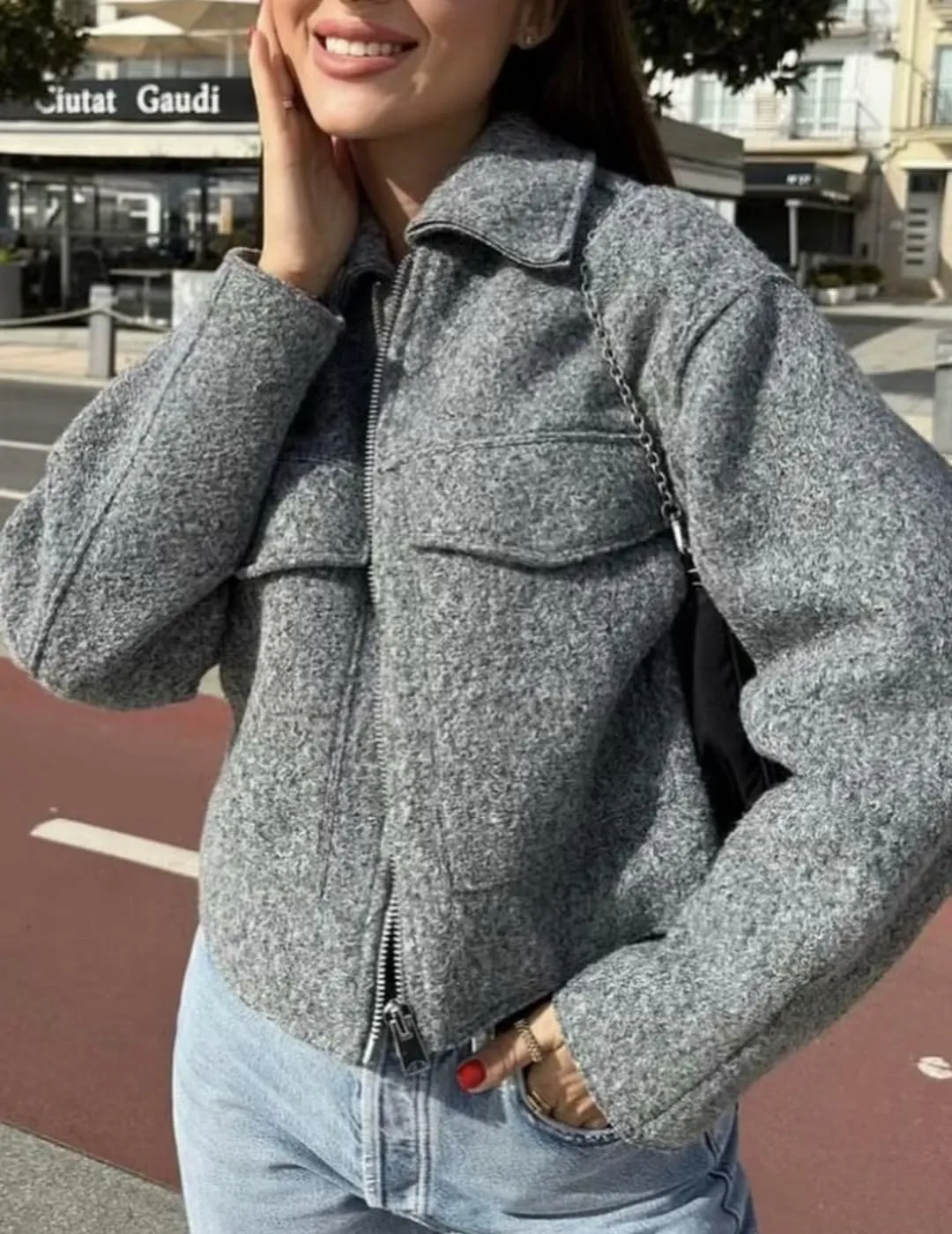Womens Wool Blend Coat Lapel Zip Up Cropped Bomber Jacket Casual Pea Coat Outerwear with Pockets