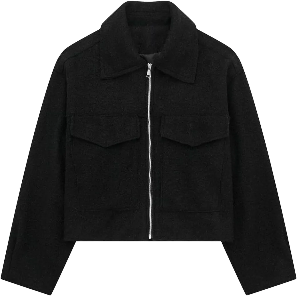 Womens Wool Blend Coat Lapel Zip Up Cropped Bomber Jacket Casual Pea Coat Outerwear with Pockets