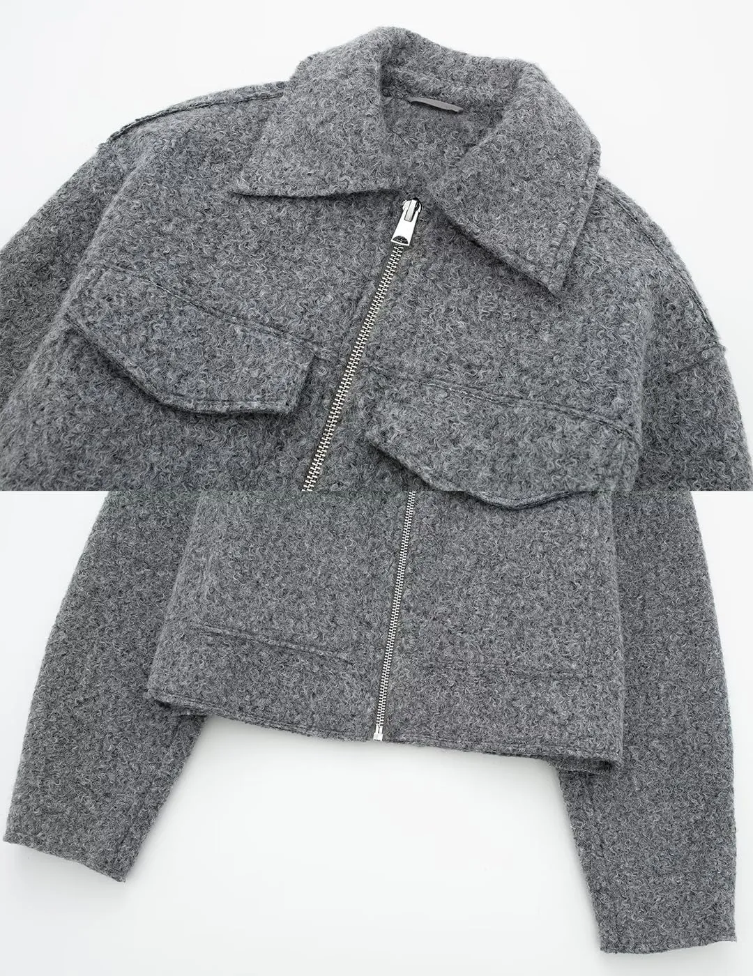 Womens Wool Blend Coat Lapel Zip Up Cropped Bomber Jacket Casual Pea Coat Outerwear with Pockets