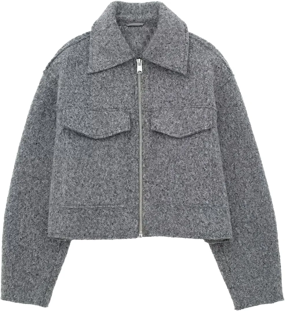 Womens Wool Blend Coat Lapel Zip Up Cropped Bomber Jacket Casual Pea Coat Outerwear with Pockets