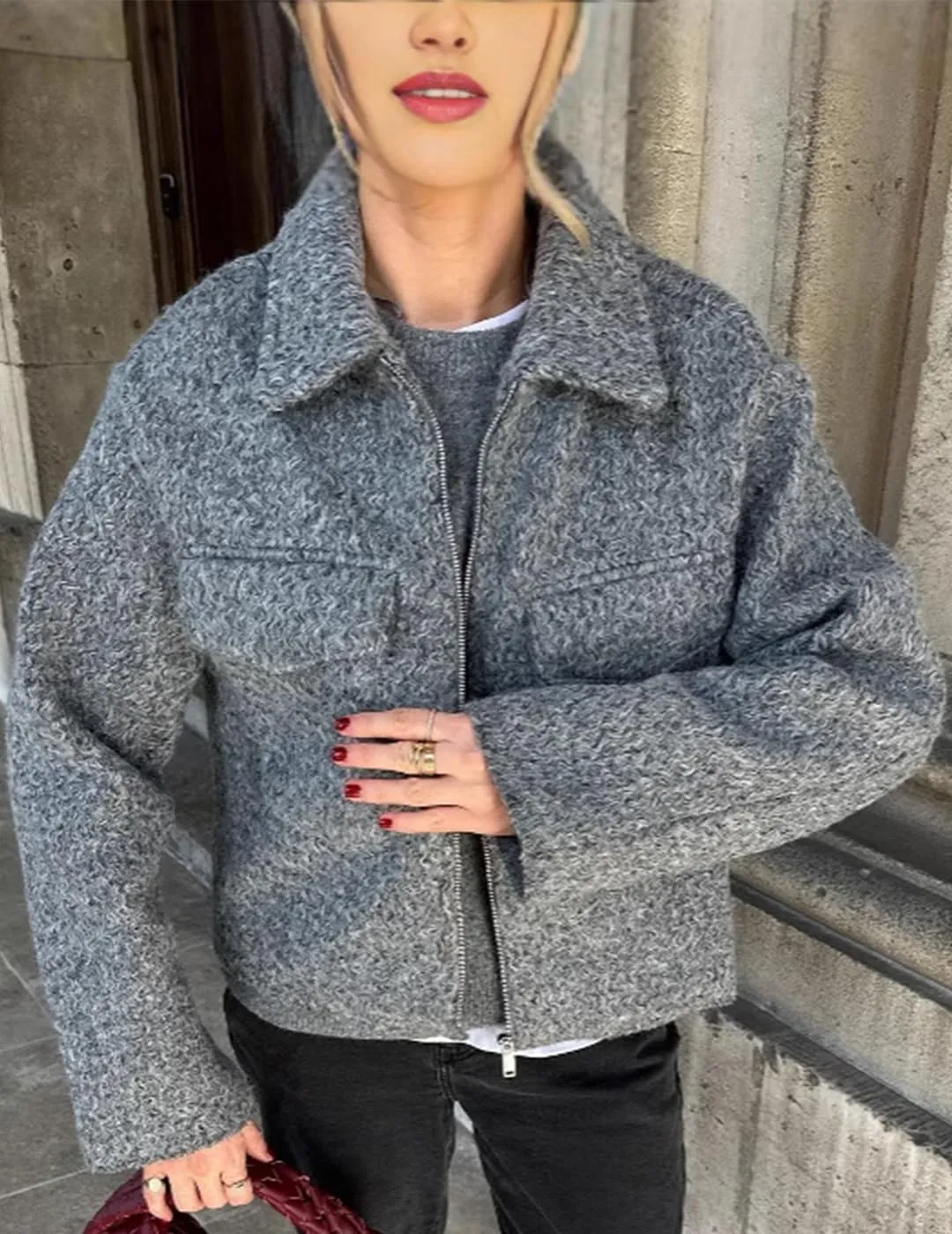 Womens Wool Blend Coat Lapel Zip Up Cropped Bomber Jacket Casual Pea Coat Outerwear with Pockets