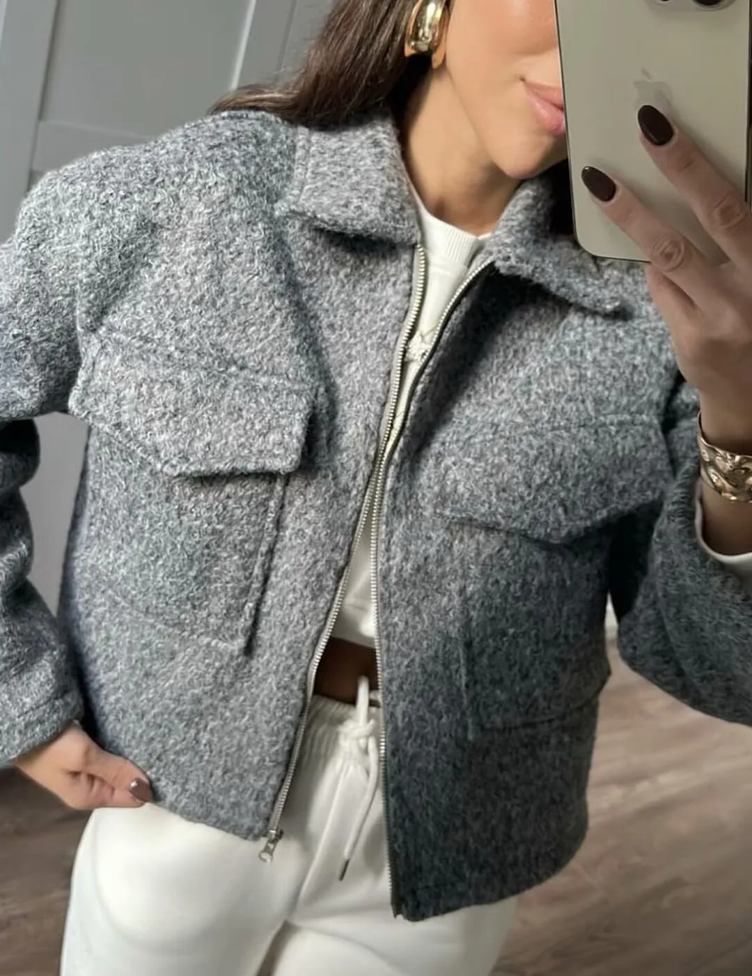 Womens Wool Blend Coat Lapel Zip Up Cropped Bomber Jacket Casual Pea Coat Outerwear with Pockets