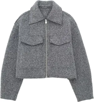 Womens Wool Blend Coat Lapel Zip Up Cropped Bomber Jacket Casual Pea Coat Outerwear with Pockets