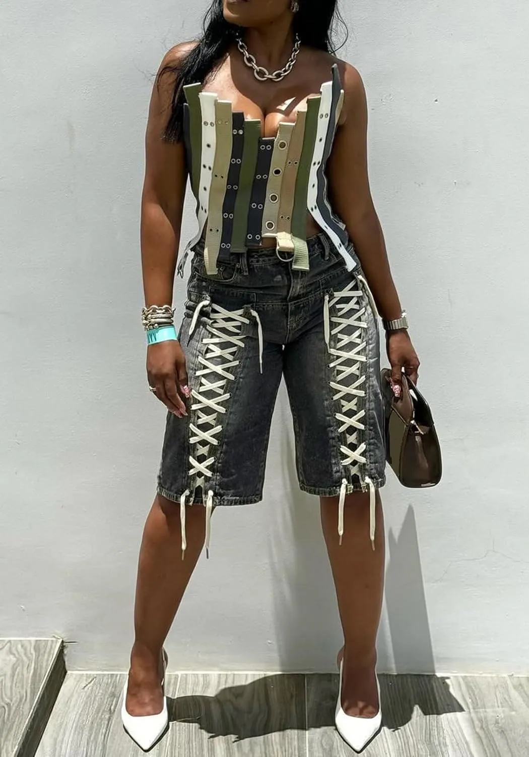 Women's Y2K Lace Up Jean Shorts Stretchy High Waisted Baggy Wide Leg Denim Shorts with Pockets Streetwear