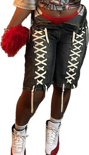 Women's Y2K Lace Up Jean Shorts Stretchy High Waisted Baggy Wide Leg Denim Shorts with Pockets Streetwear