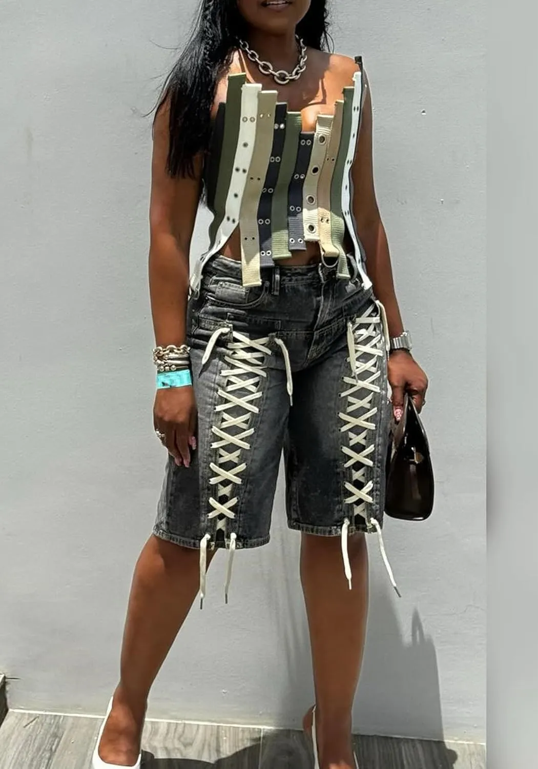 Women's Y2K Lace Up Jean Shorts Stretchy High Waisted Baggy Wide Leg Denim Shorts with Pockets Streetwear
