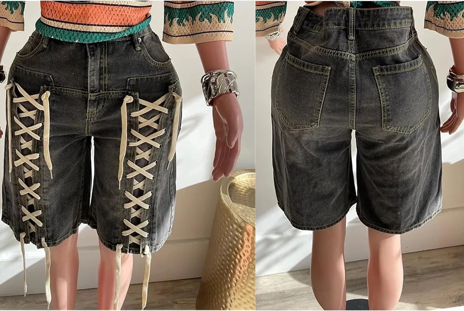 Women's Y2K Lace Up Jean Shorts Stretchy High Waisted Baggy Wide Leg Denim Shorts with Pockets Streetwear