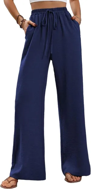 WOWULOVELY Women's High Waisted Wide Leg Long Pants Palazzo Casual Trousers with Pockets