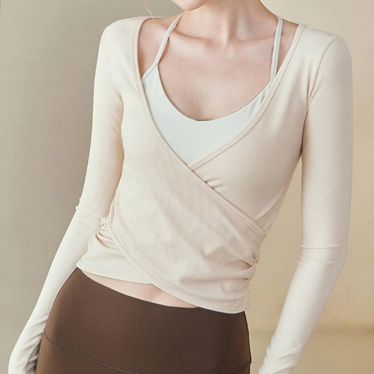 Y2k Ballet Wrap Top Women Sexy Long Sleeve Low Deep V Neck Crop T Shirt Tie Up Yoga Workout Tee Blouse