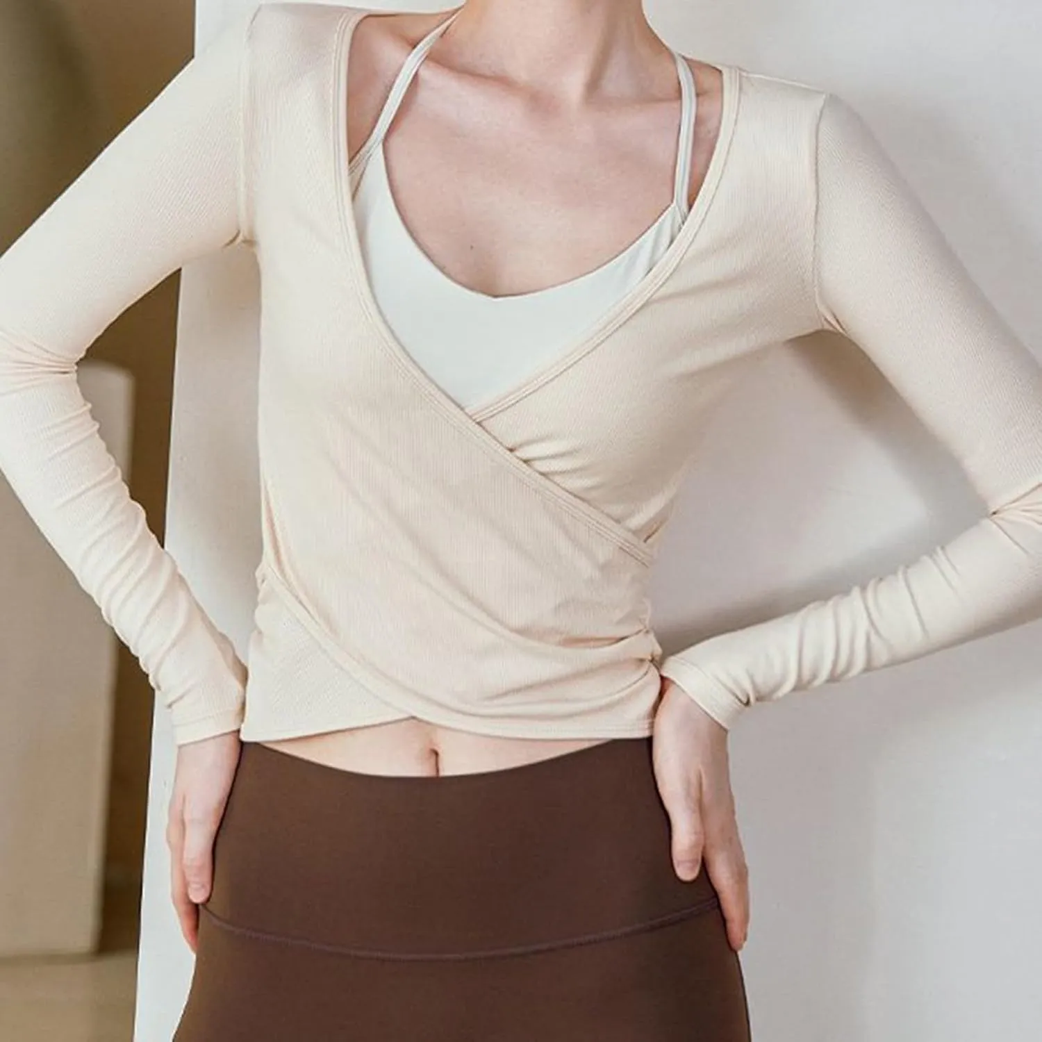 Y2k Ballet Wrap Top Women Sexy Long Sleeve Low Deep V Neck Crop T Shirt Tie Up Yoga Workout Tee Blouse