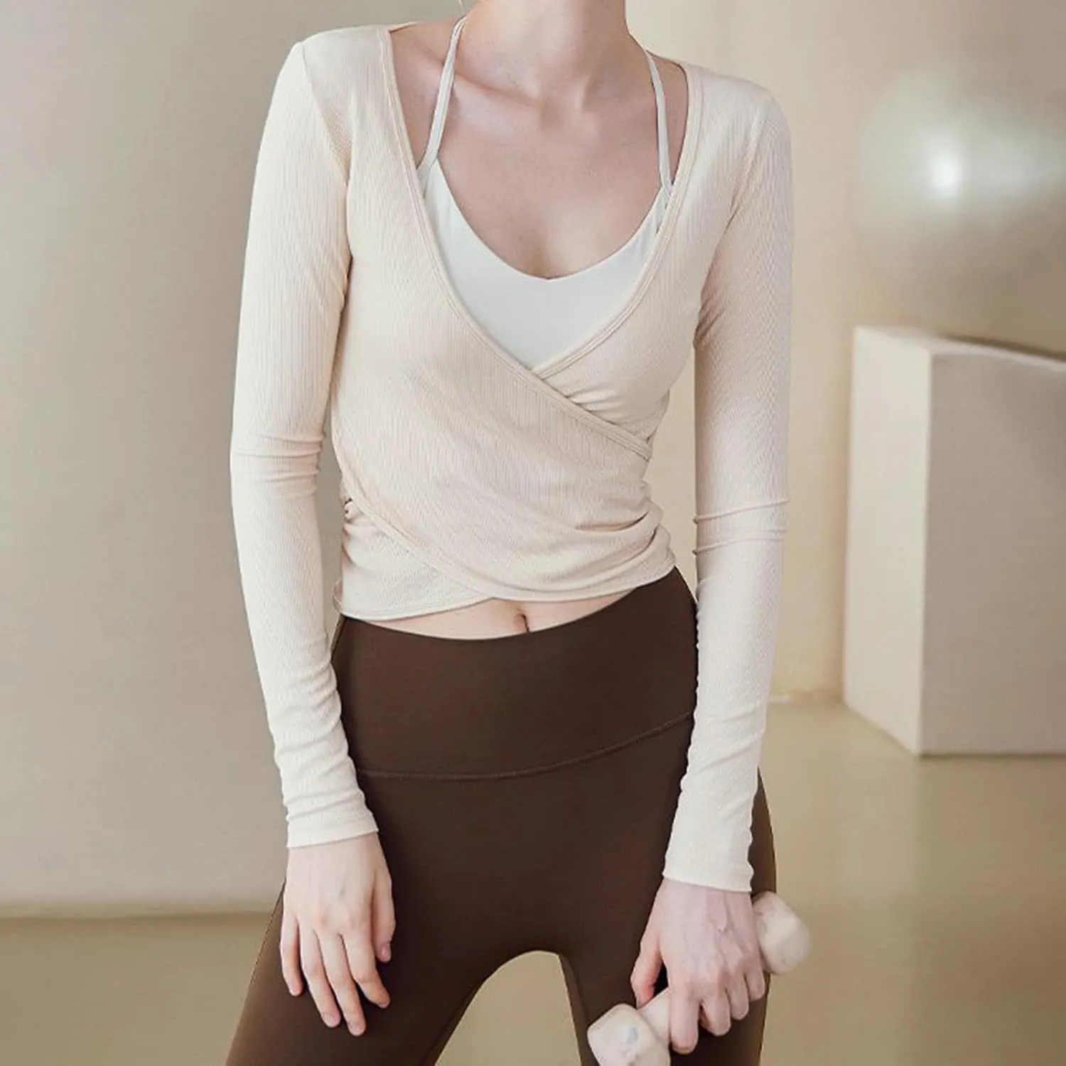 Y2k Ballet Wrap Top Women Sexy Long Sleeve Low Deep V Neck Crop T Shirt Tie Up Yoga Workout Tee Blouse
