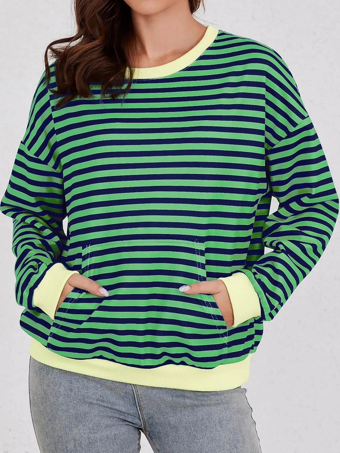 YATHON Womens Striped Sweatshirt Casual Long Sleeve Color Block Crew Neck Loose Pull Over Y2K Fall Tops with Pockets