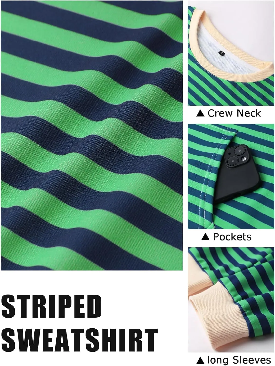 YATHON Womens Striped Sweatshirt Casual Long Sleeve Color Block Crew Neck Loose Pull Over Y2K Fall Tops with Pockets