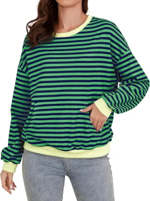 YATHON Womens Striped Sweatshirt Casual Long Sleeve Color Block Crew Neck Loose Pull Over Y2K Fall Tops with Pockets