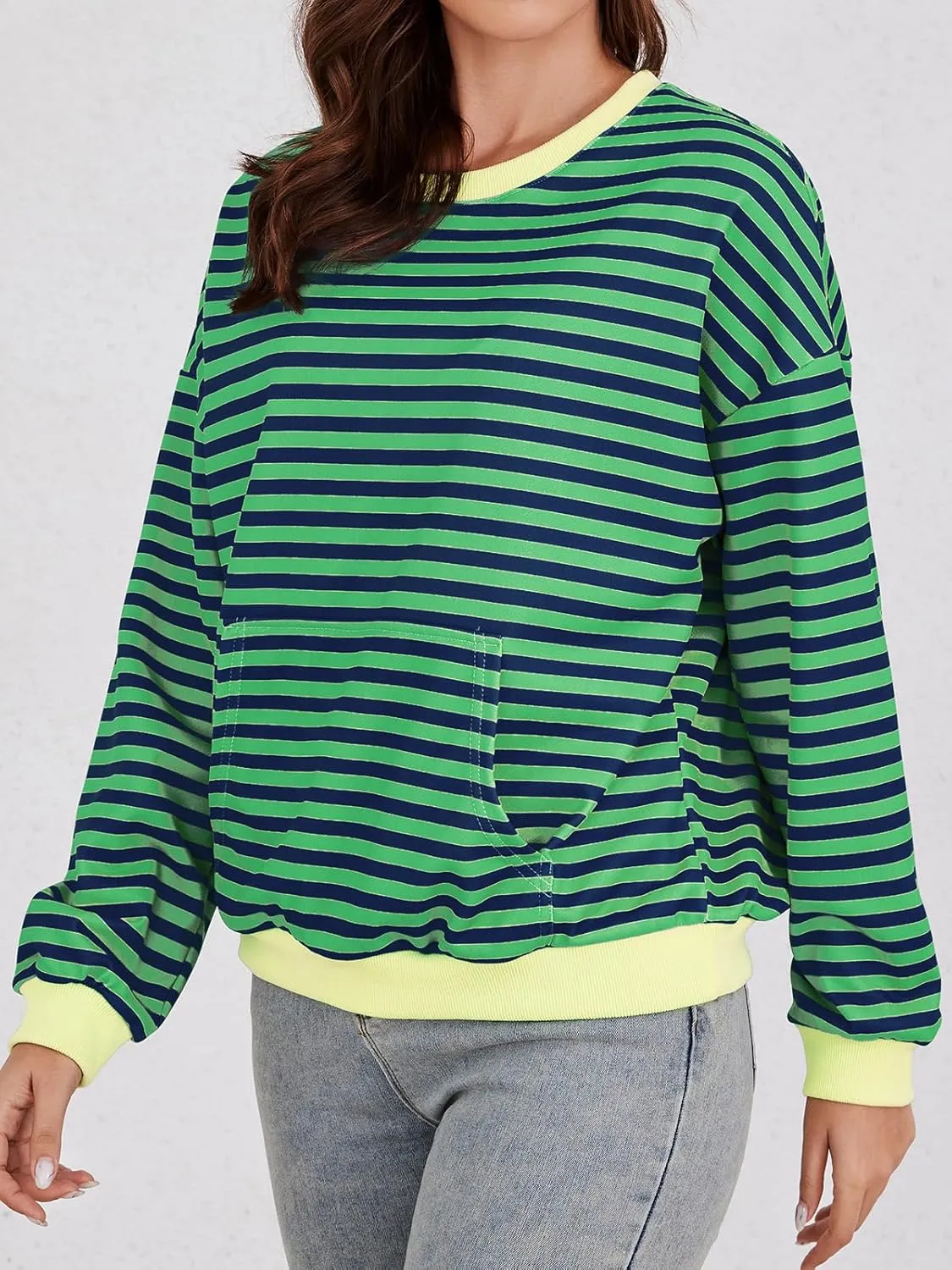 YATHON Womens Striped Sweatshirt Casual Long Sleeve Color Block Crew Neck Loose Pull Over Y2K Fall Tops with Pockets