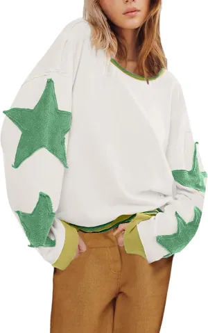 yoeasy Womens Oversized Star Sweatshirts Long Sleeve Crewneck Drop Shoulder Y2k Vintage Graphic Cropped Pullover Tops