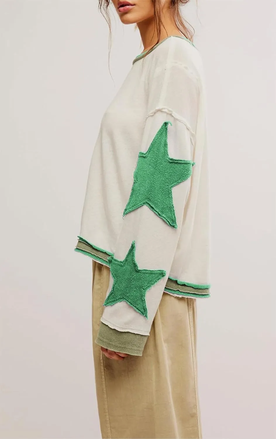 yoeasy Womens Oversized Star Sweatshirts Long Sleeve Crewneck Drop Shoulder Y2k Vintage Graphic Cropped Pullover Tops