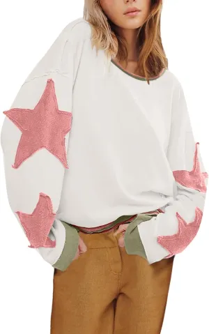 yoeasy Womens Oversized Star Sweatshirts Long Sleeve Crewneck Drop Shoulder Y2k Vintage Graphic Cropped Pullover Tops