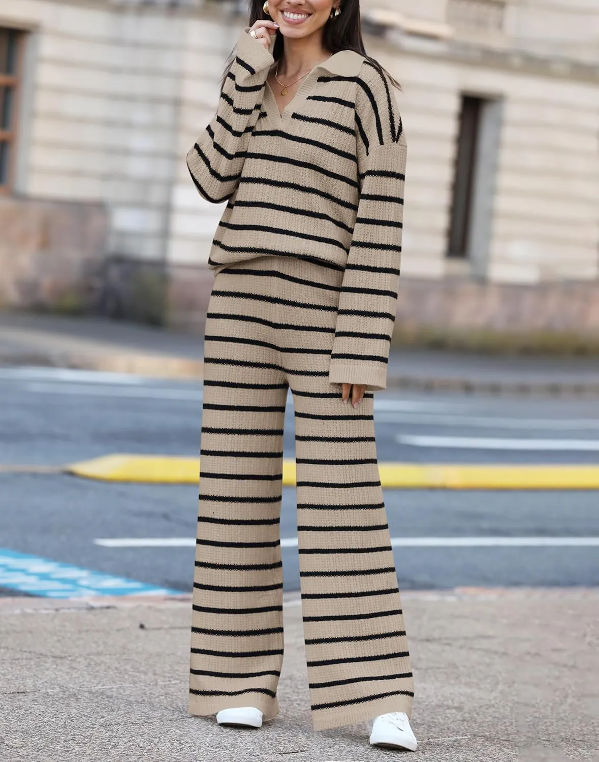 Yousify 2 Piece Sets for Women Long Sleeve V Neck Sweater Lounge Set Striped Fall Outfits 2024 S-2XL