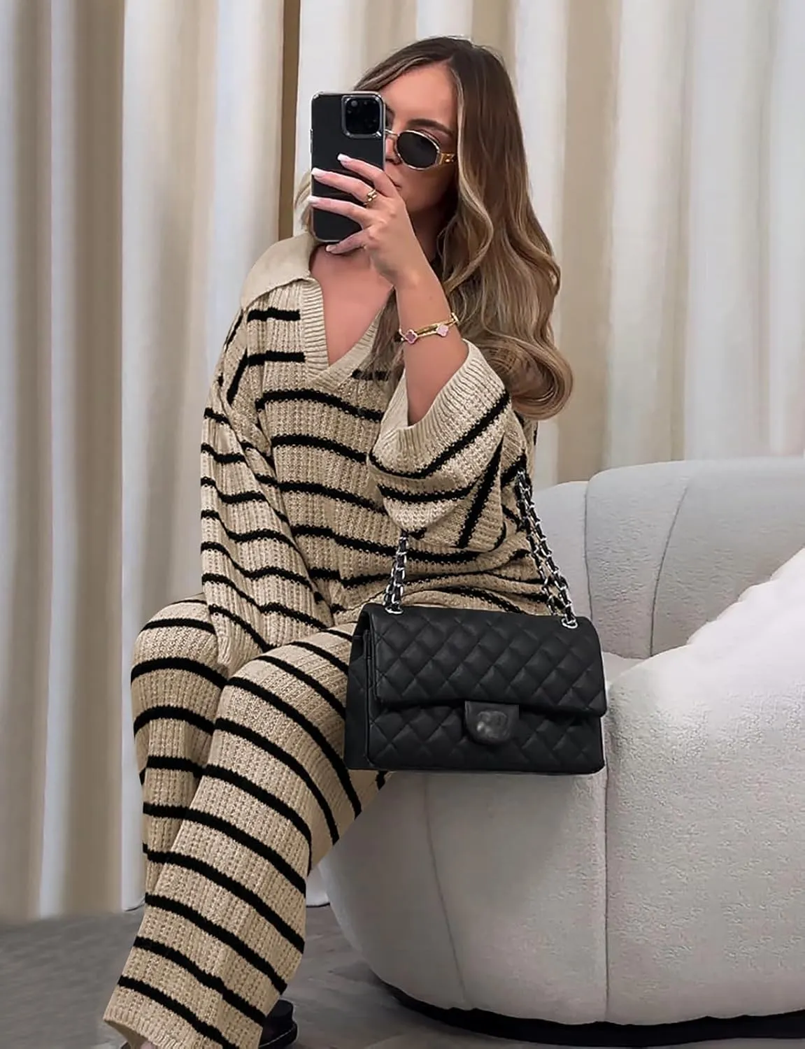 Yousify 2 Piece Sets for Women Long Sleeve V Neck Sweater Lounge Set Striped Fall Outfits 2024 S-2XL