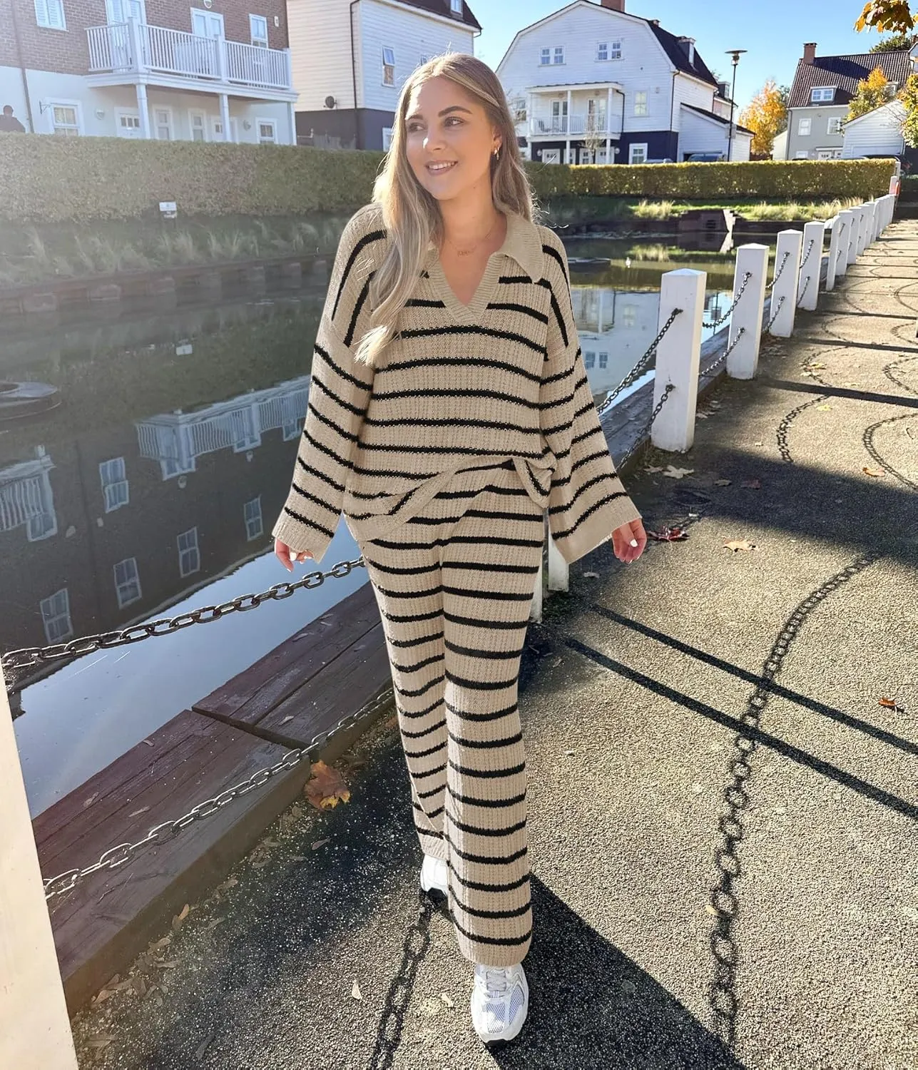 Yousify 2 Piece Sets for Women Long Sleeve V Neck Sweater Lounge Set Striped Fall Outfits 2024 S-2XL