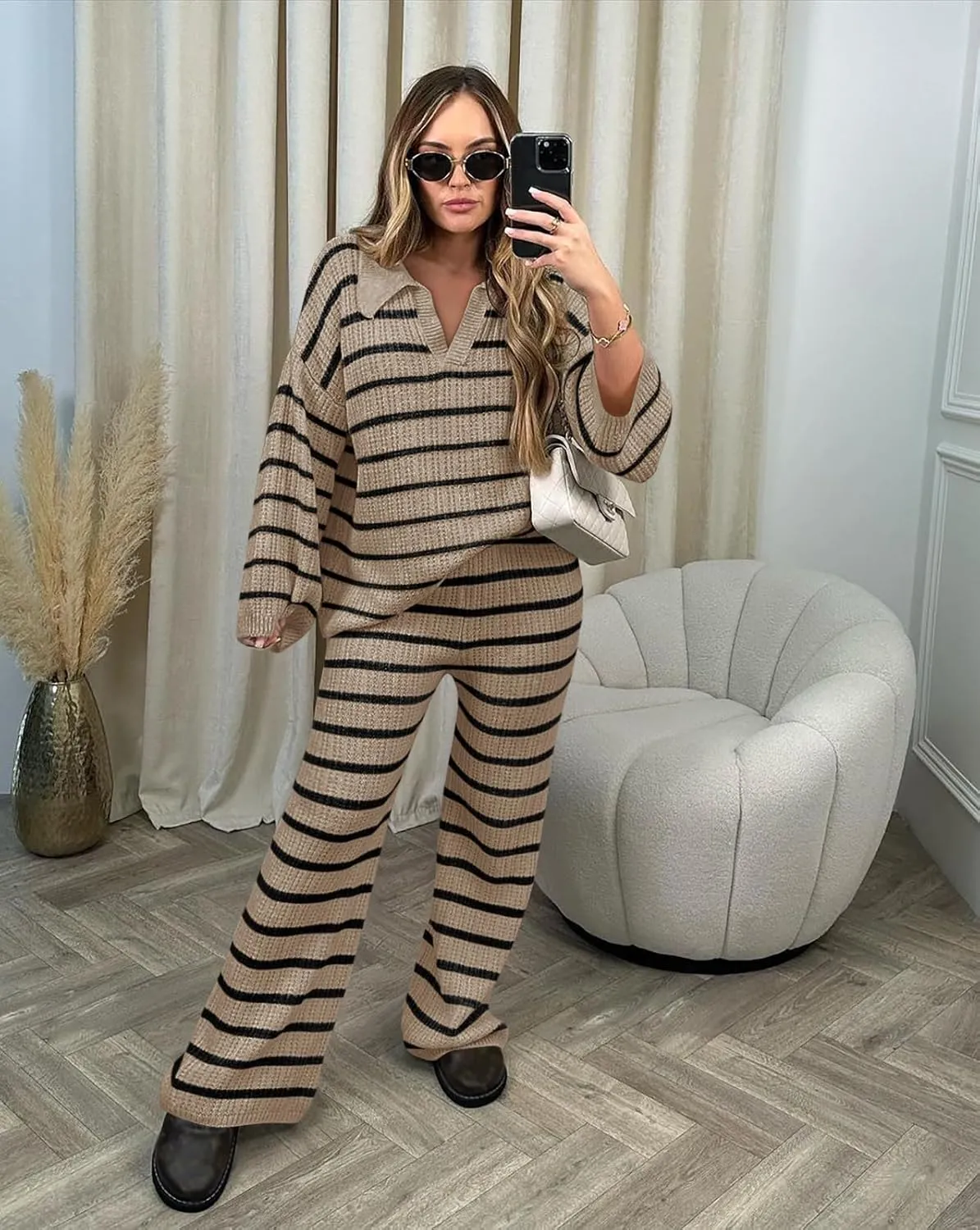 Yousify 2 Piece Sets for Women Long Sleeve V Neck Sweater Lounge Set Striped Fall Outfits 2024 S-2XL