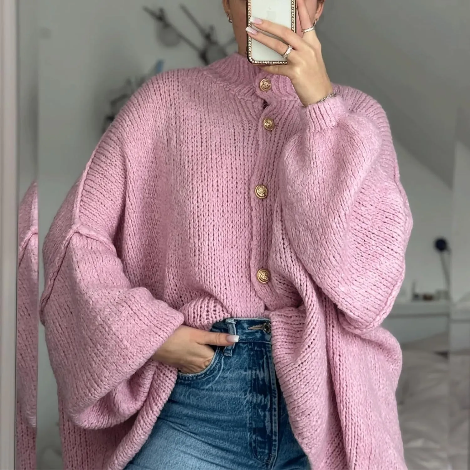 Yuemengxuan Women Oversized Cardigan Sweater Knit Button Fall Outfits Batwing Sleeve Sweaters Jackets Fashion Trendy Clothes
