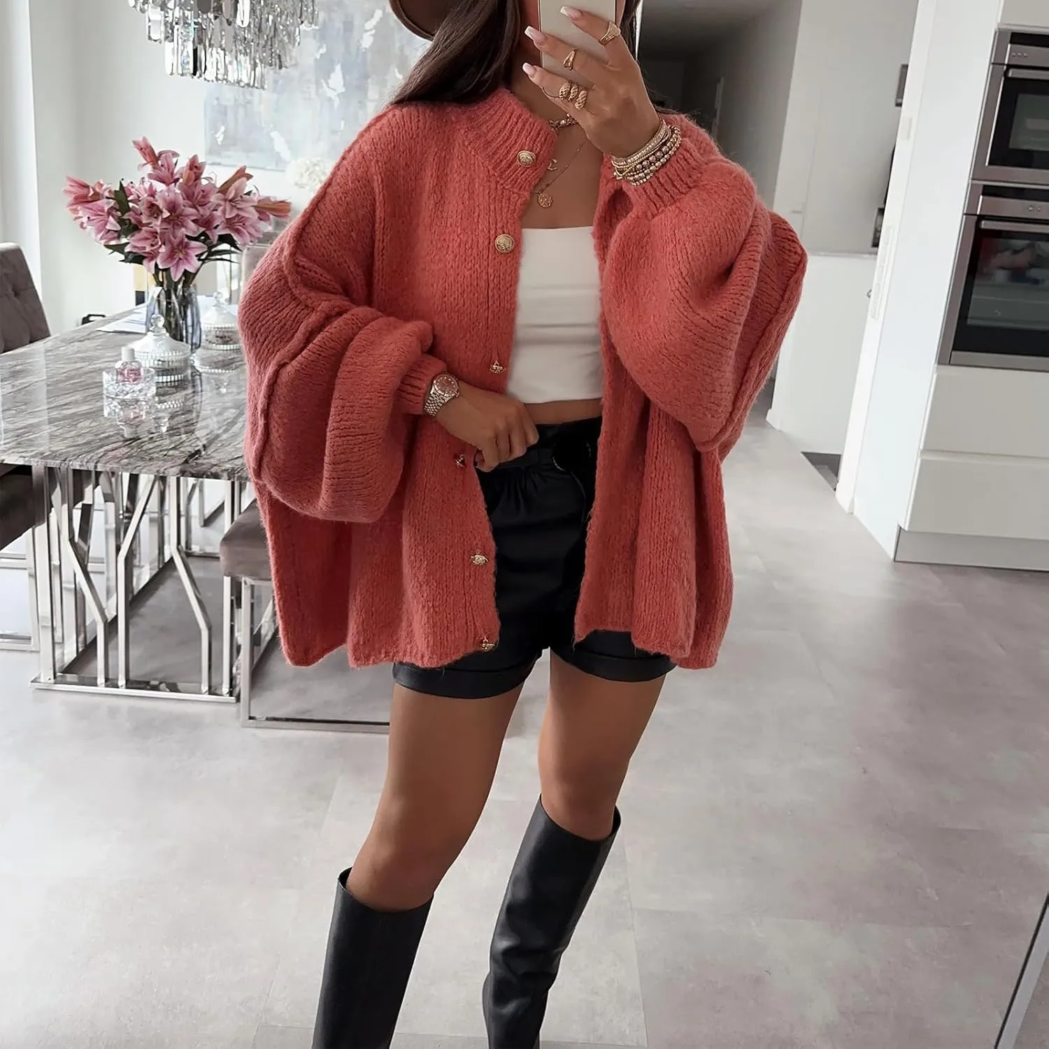 Yuemengxuan Women Oversized Cardigan Sweater Knit Button Fall Outfits Batwing Sleeve Sweaters Jackets Fashion Trendy Clothes