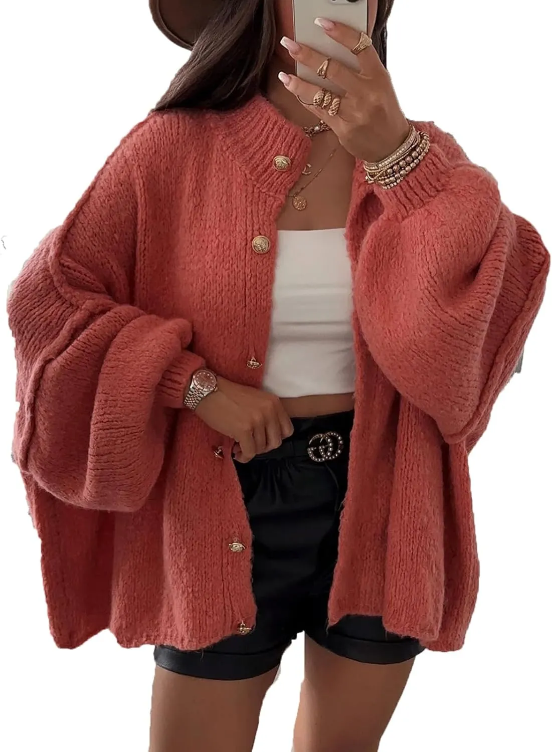Yuemengxuan Women Oversized Cardigan Sweater Knit Button Fall Outfits Batwing Sleeve Sweaters Jackets Fashion Trendy Clothes