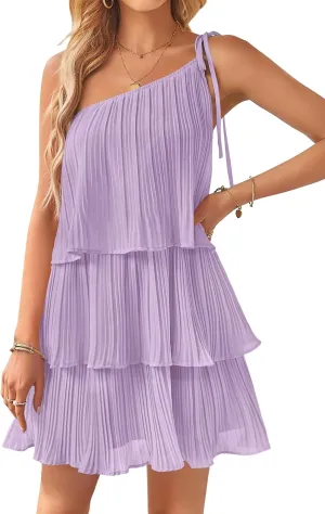 ZESICA Women's Boho Summer One Shoulder Sleeveless Ruffle Tiered Layered Chiffon Pleated A Line Flowy Mini Dress