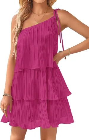 ZESICA Women's Boho Summer One Shoulder Sleeveless Ruffle Tiered Layered Chiffon Pleated A Line Flowy Mini Dress