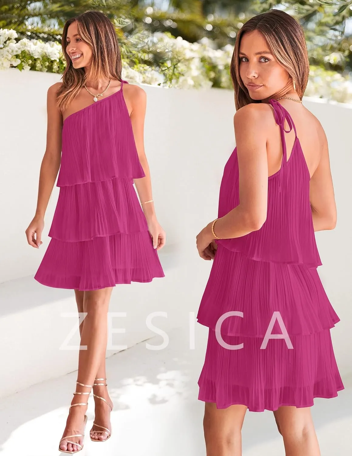 ZESICA Women's Boho Summer One Shoulder Sleeveless Ruffle Tiered Layered Chiffon Pleated A Line Flowy Mini Dress