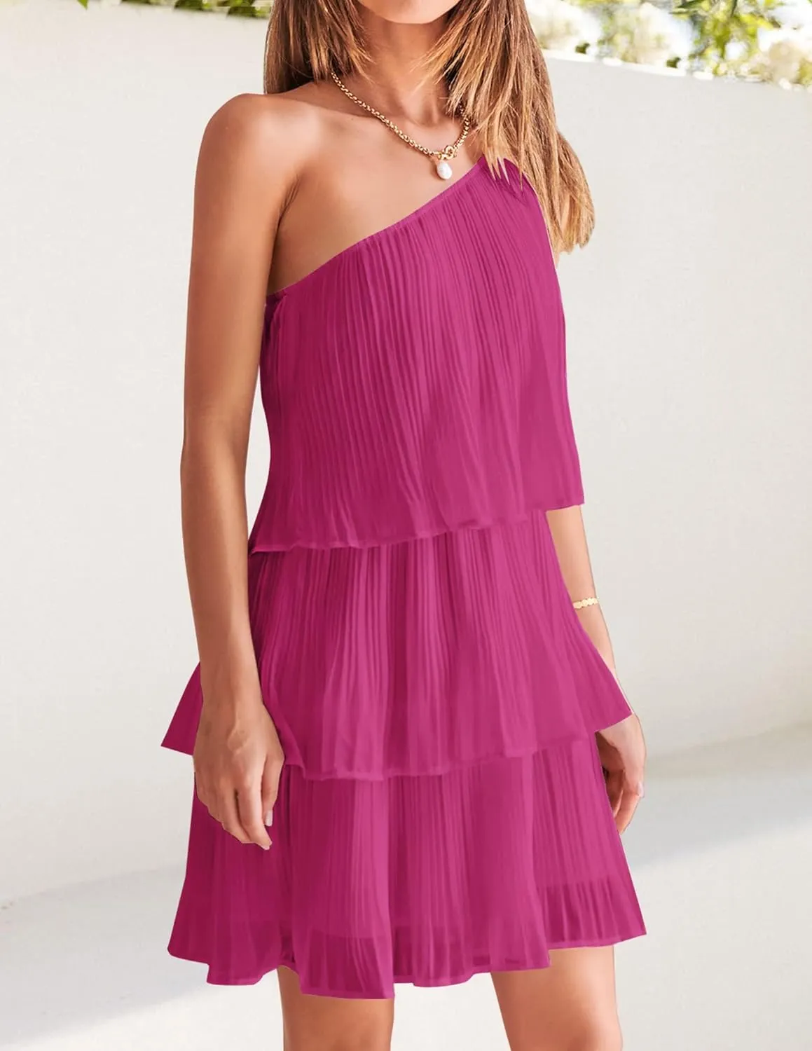 ZESICA Women's Boho Summer One Shoulder Sleeveless Ruffle Tiered Layered Chiffon Pleated A Line Flowy Mini Dress