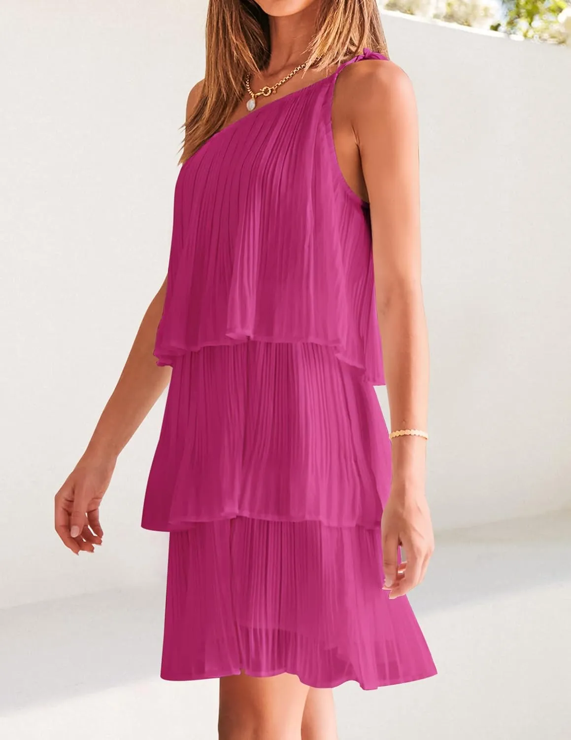 ZESICA Women's Boho Summer One Shoulder Sleeveless Ruffle Tiered Layered Chiffon Pleated A Line Flowy Mini Dress