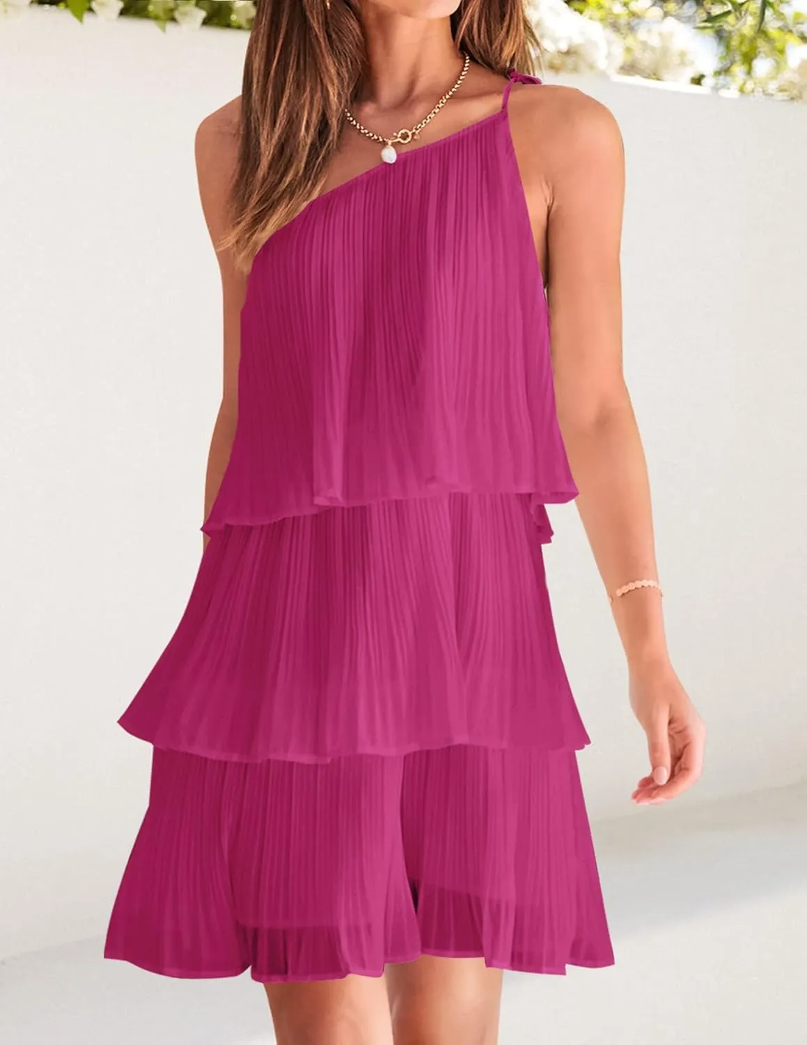 ZESICA Women's Boho Summer One Shoulder Sleeveless Ruffle Tiered Layered Chiffon Pleated A Line Flowy Mini Dress