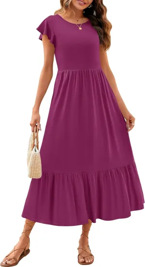 ZESICA Women's Summer Casual Dresses Flutter Short Sleeve Crewneck Loose Flowy Tiered Beach Maxi Dress with Pockets