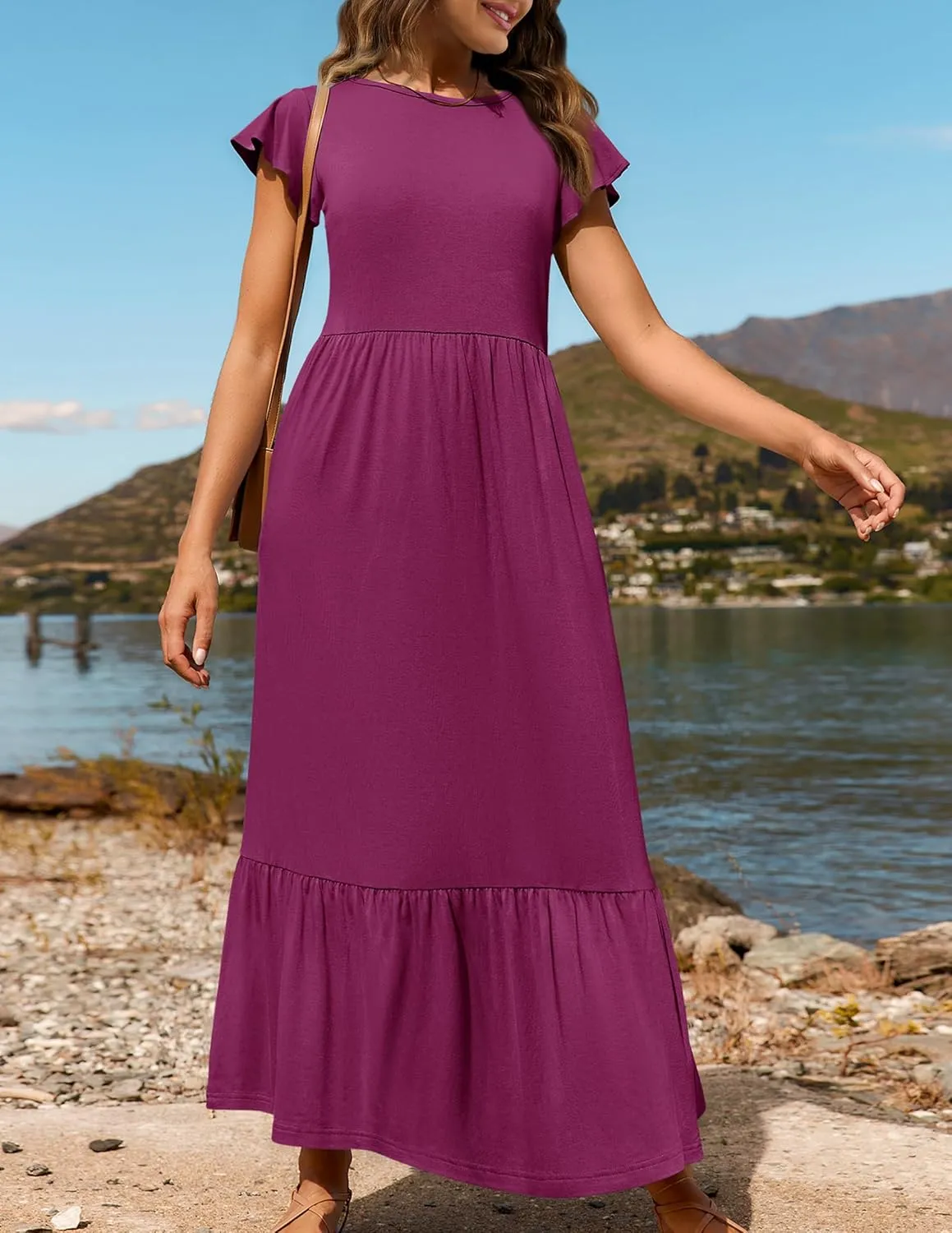 ZESICA Women's Summer Casual Dresses Flutter Short Sleeve Crewneck Loose Flowy Tiered Beach Maxi Dress with Pockets