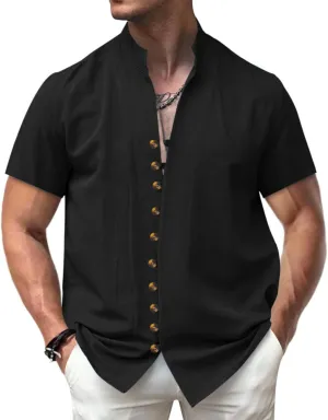 ZOCAVIA Men Summer Cotton Linen Shirts Comfy Casual Button Down Short Sleeve Tee Vintage Fashion Solid Color V Neck Tops