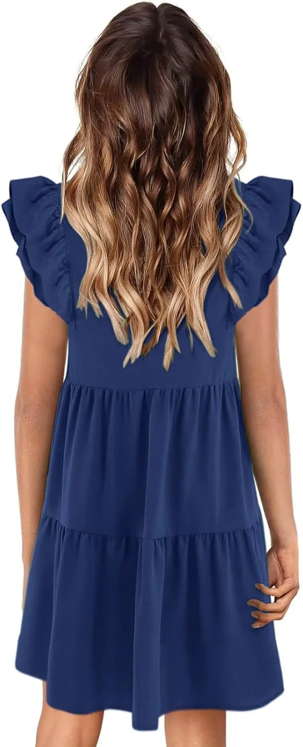 Zwurew Summer Babydoll Dresses for Women 2025 Cute Ruffle Cap Sleeve V-Neck Flowy Swing Mini Dress Sundress