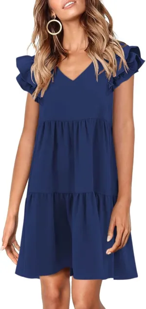 Zwurew Summer Babydoll Dresses for Women 2025 Cute Ruffle Cap Sleeve V-Neck Flowy Swing Mini Dress Sundress